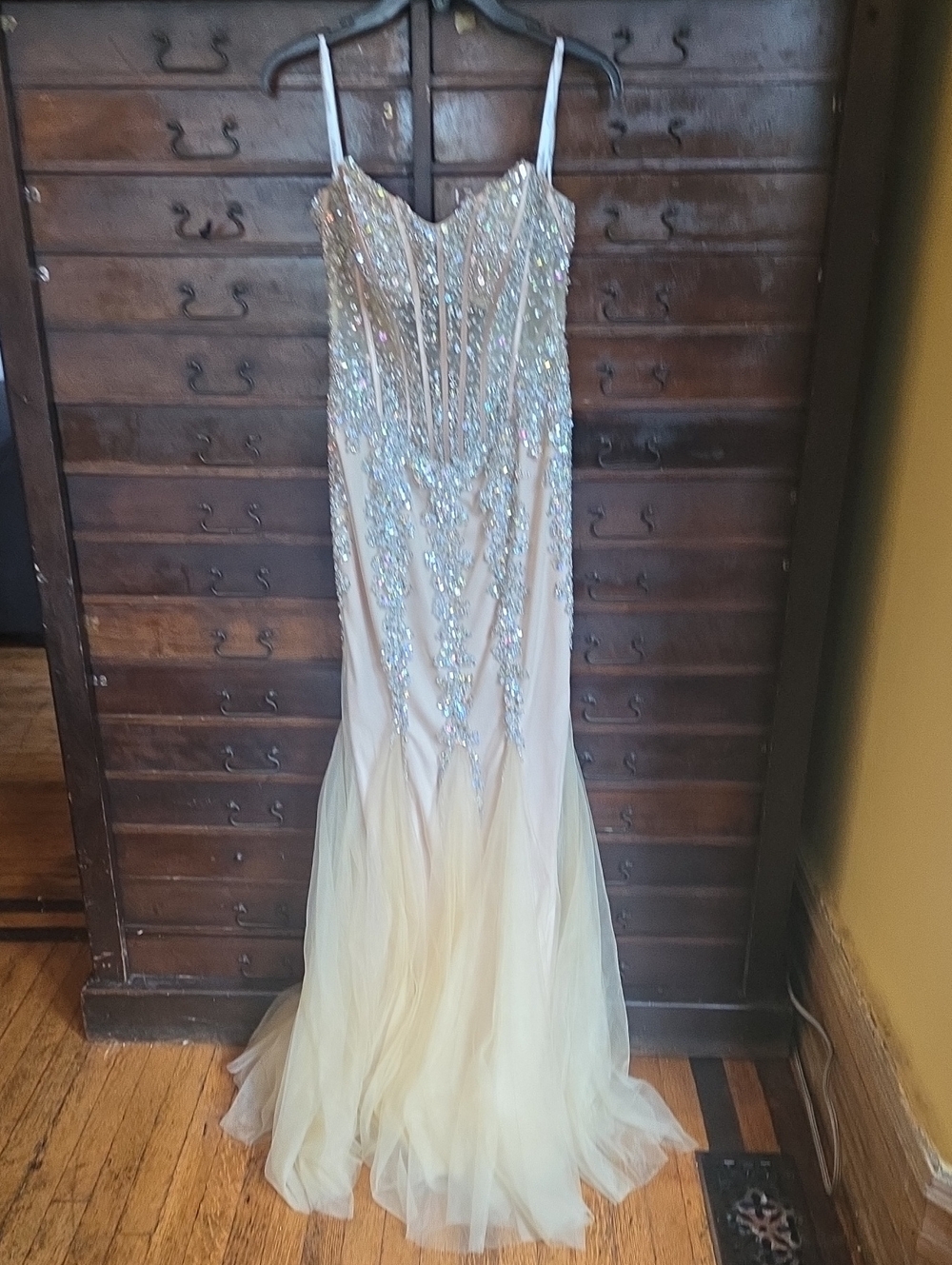 Jovani Ivory Beaded Tulle Prom Gown